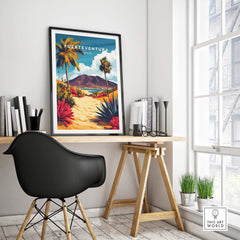 Fuerteventura Canary Islands Spain Travel Print displayed in a modern home office setting with vibrant wall art.