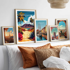 Fuerteventura Canary Islands Spain Travel Print displayed alongside other city travel prints on a stylish wall.