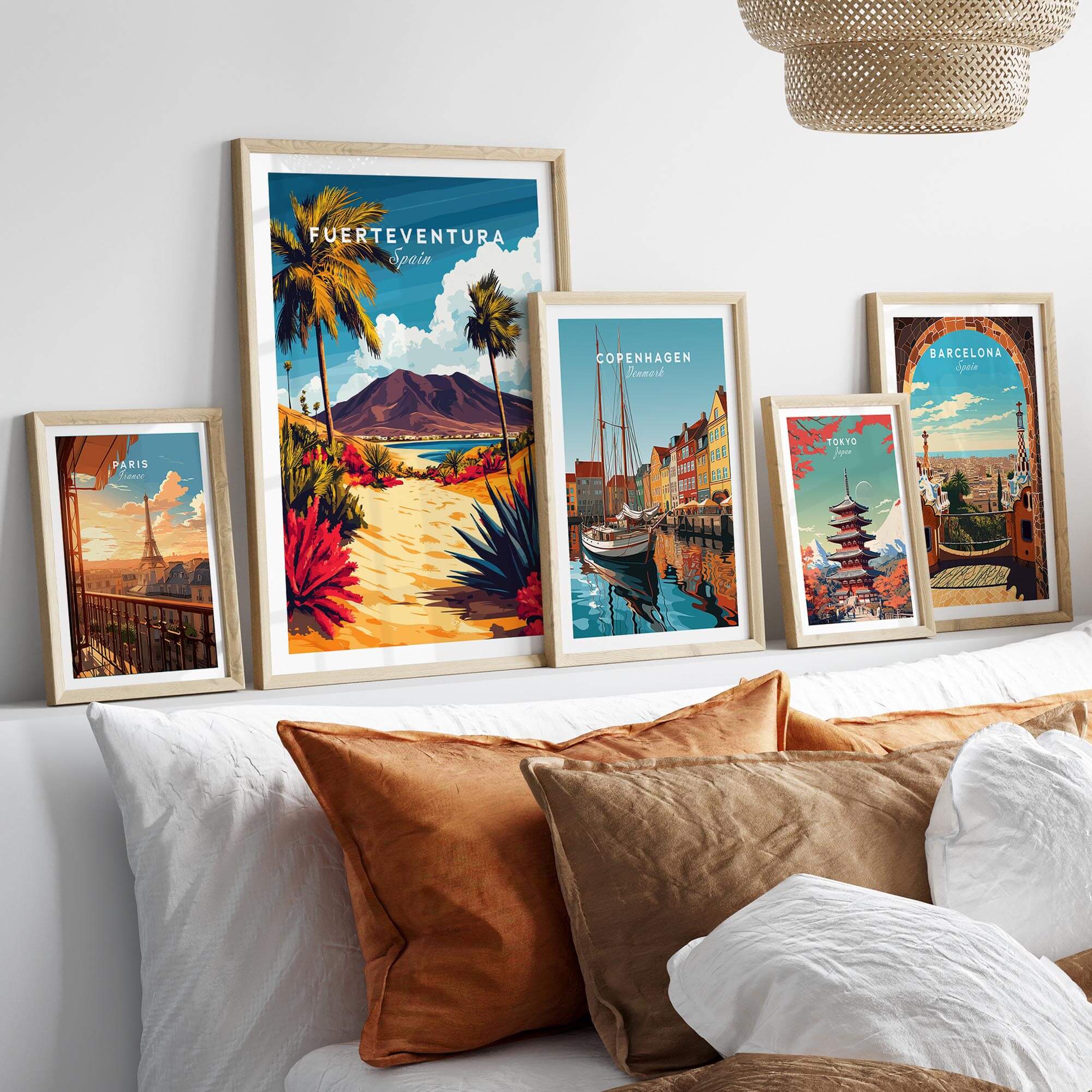 Fuerteventura Canary Islands Spain Travel Print displayed alongside other city travel prints on a stylish wall.