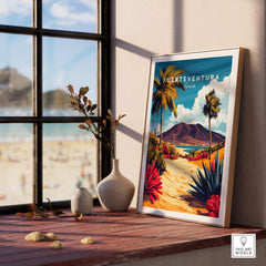Fuerteventura Canary Islands Spain Travel Print featuring a vibrant beach landscape and palm trees in a framed artwork.