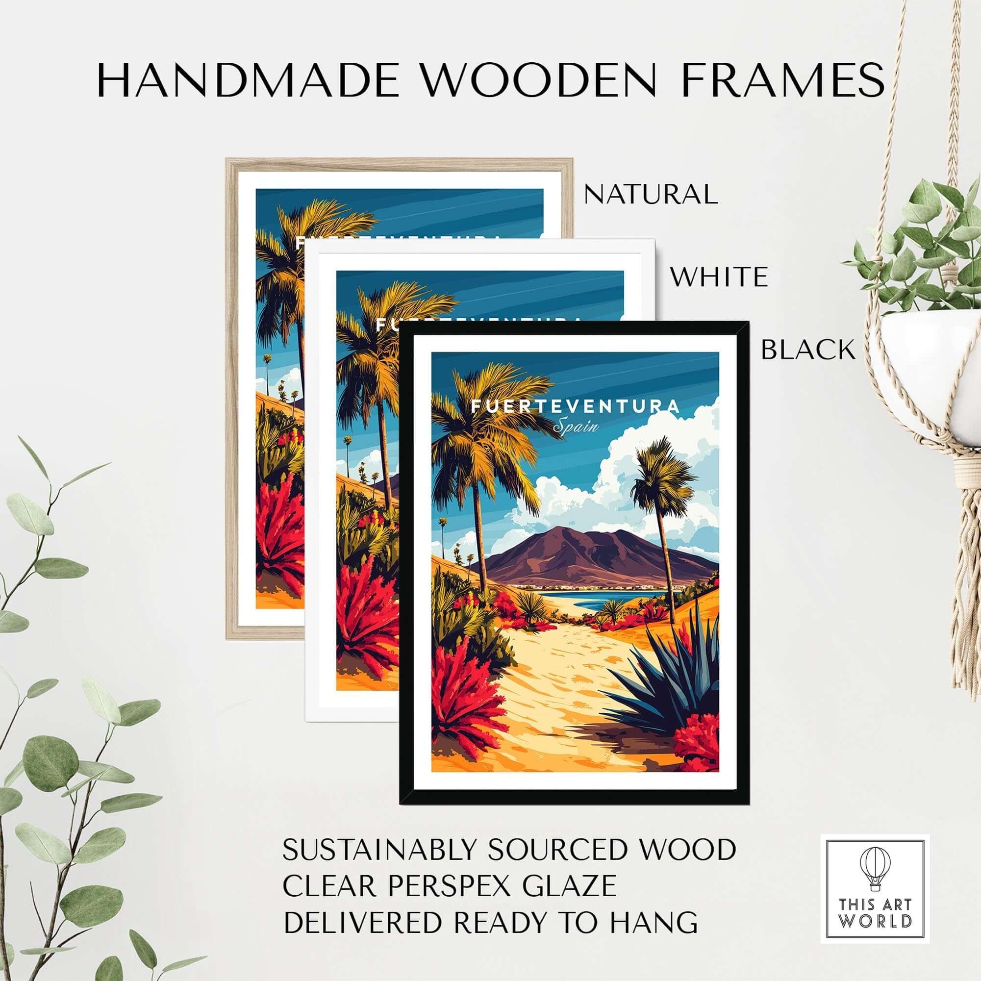 Fuerteventura Canary Islands Spain Travel Print framed in handmade wooden frames in natural, white, and black colors.