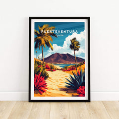 Fuerteventura Canary Islands Spain Travel Print featuring vibrant tropical landscape and palm trees.