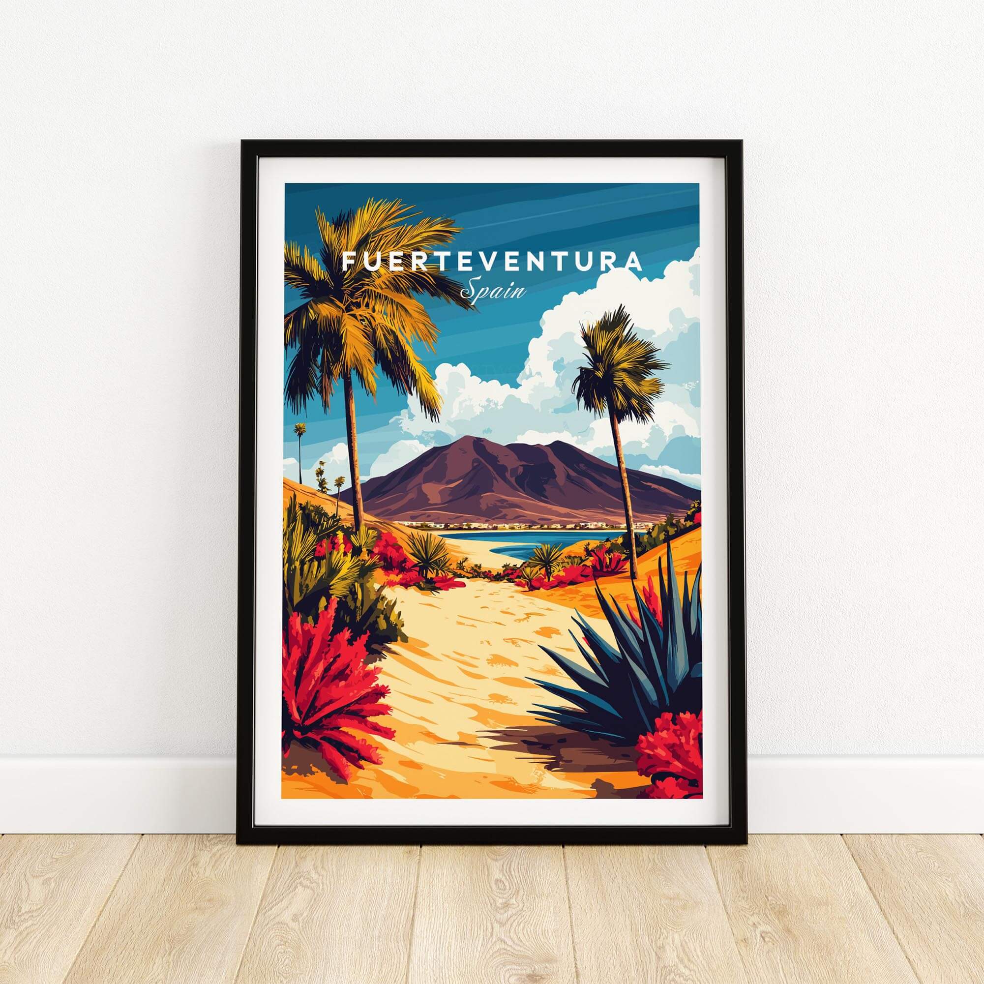 Fuerteventura Canary Islands Spain Travel Print featuring vibrant tropical landscape and palm trees.