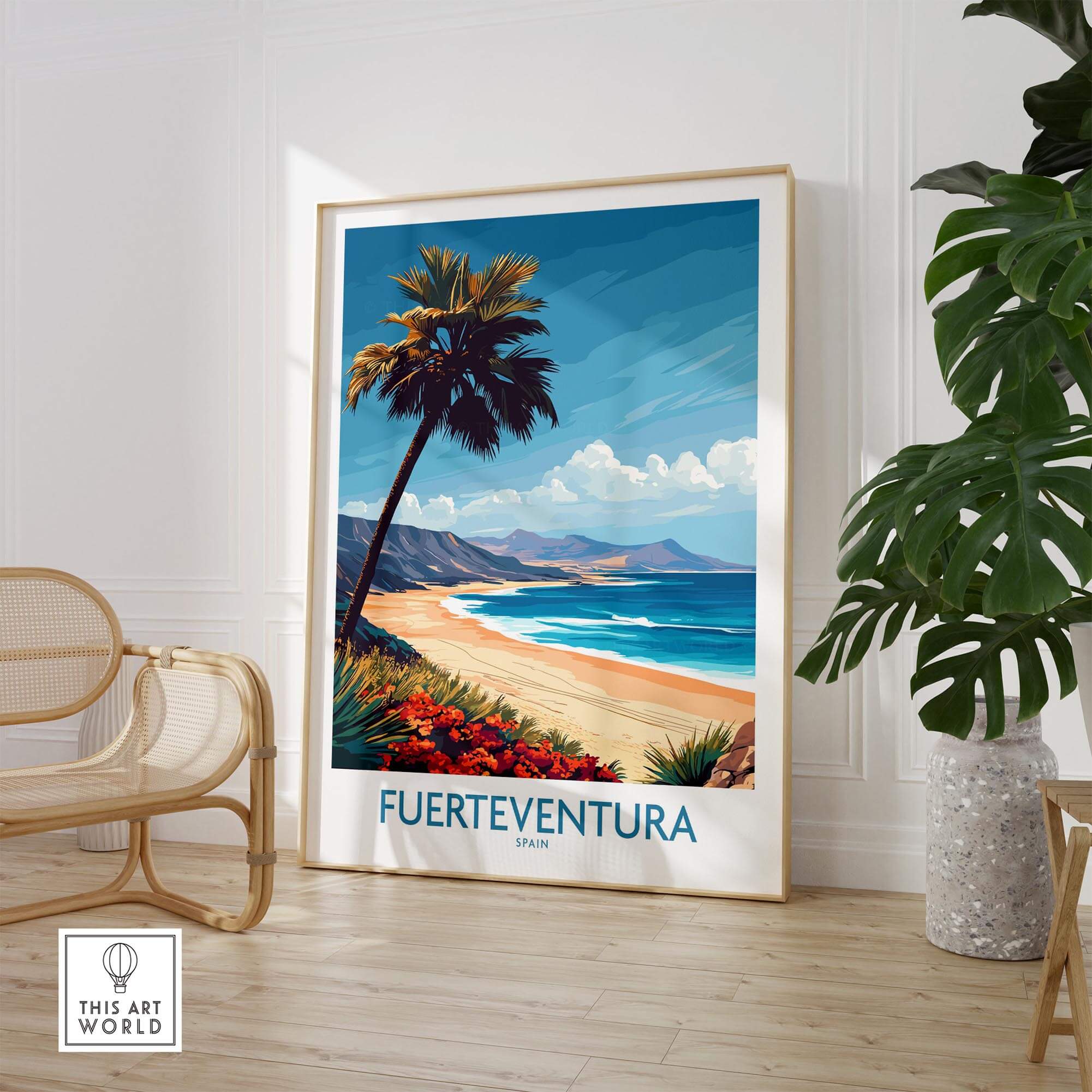 Fuerteventura Poster featuring beautiful beaches and palm trees, perfect for tropical home decor.