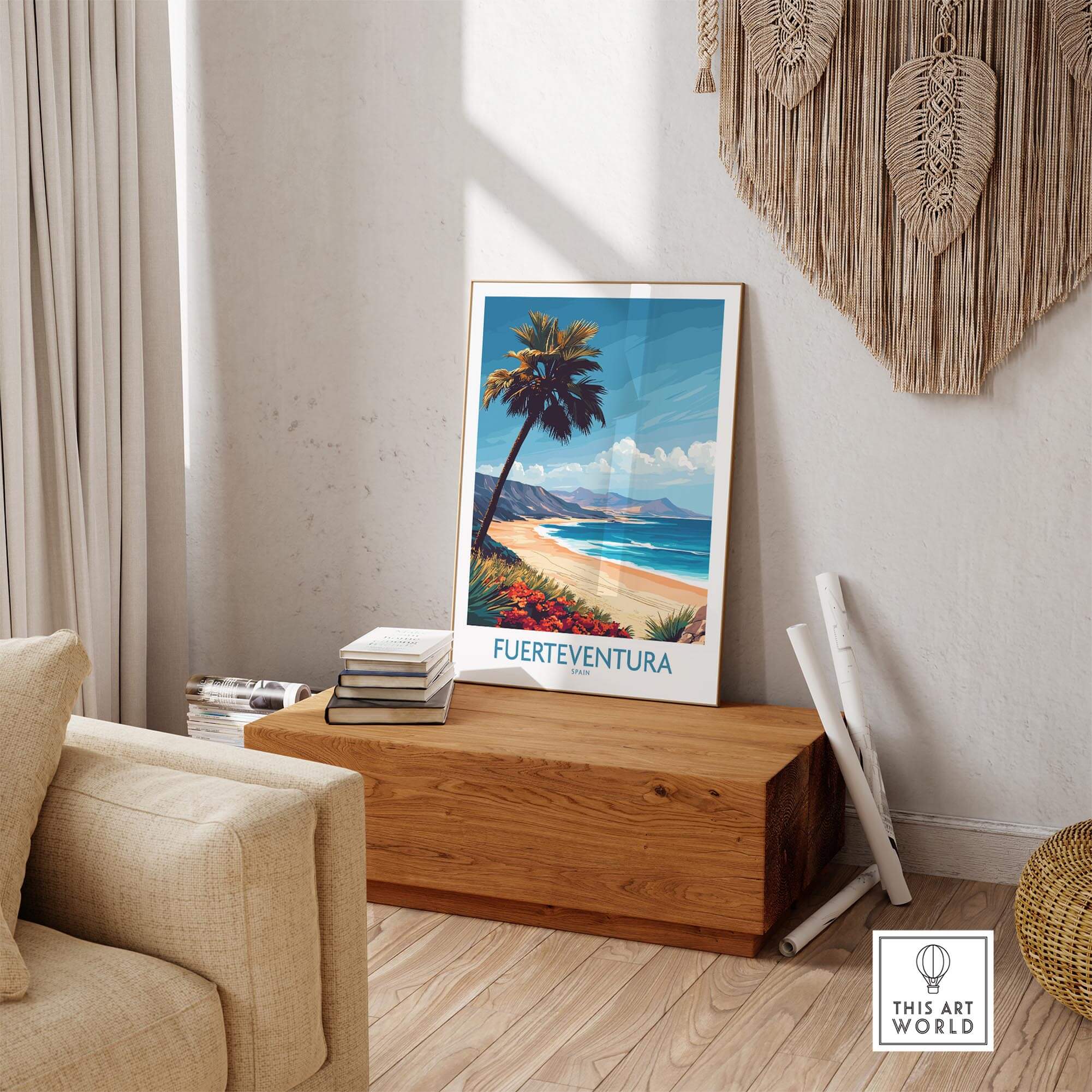 Fuerteventura Poster displayed in a cozy living room with tropical beach scene and palm tree.