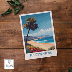 Fuerteventura Poster showcasing a beautiful beach scene with palm trees in Spain.