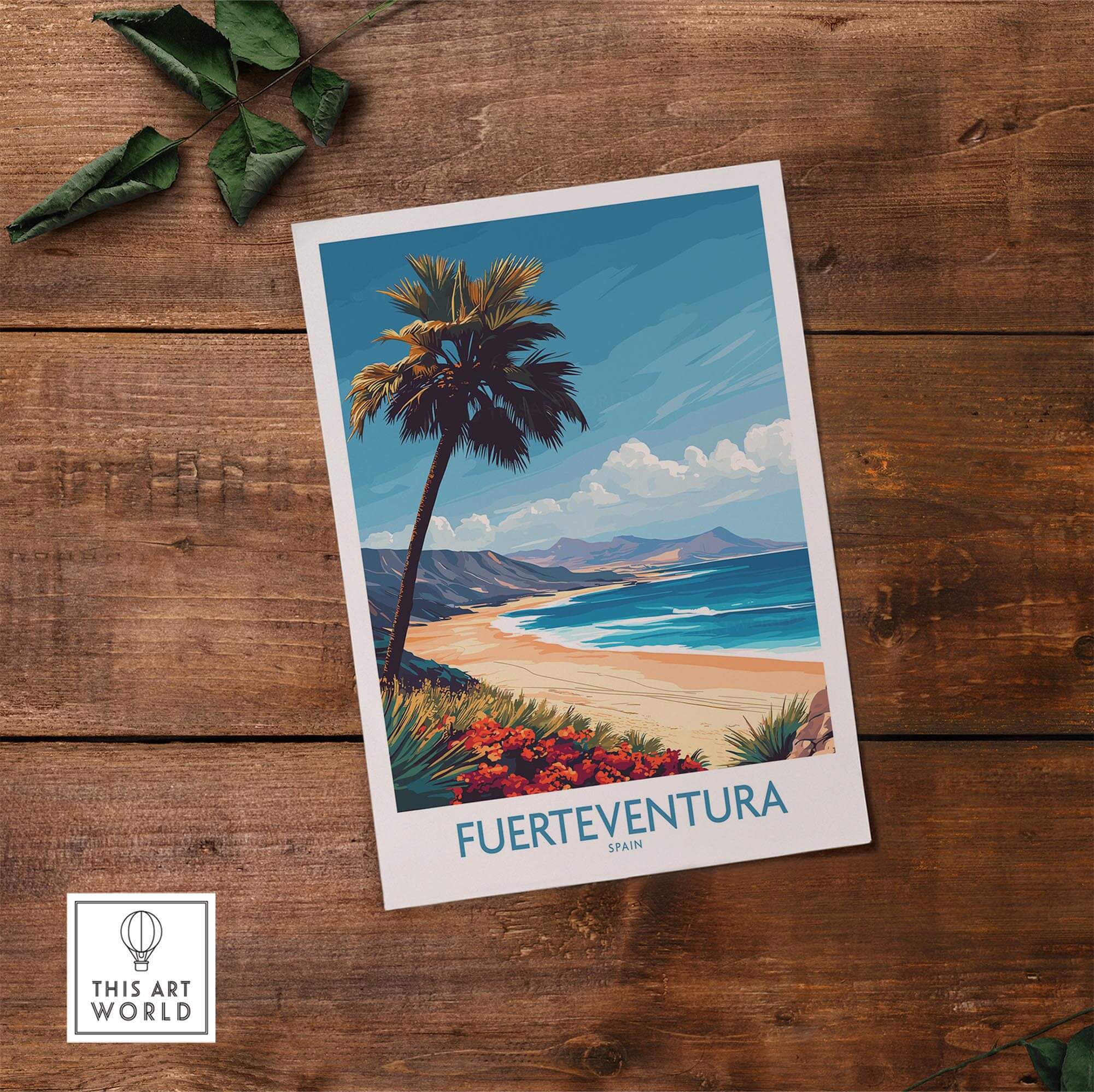 Fuerteventura Poster showcasing a beautiful beach scene with palm trees in Spain.