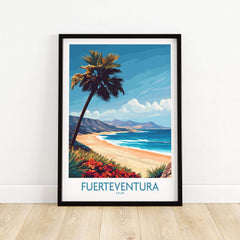 Fuerteventura Poster featuring a stunning beach scene with a palm tree and vibrant colors.