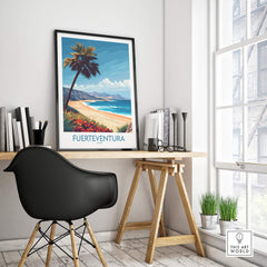 Fuerteventura Poster showcasing a tropical beach scene in a stylish interior setting.