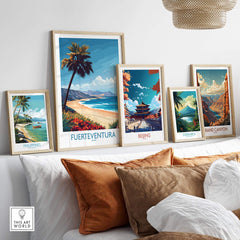 Fuerteventura Poster displayed among other travel prints showcasing tropical paradises and scenic landscapes.