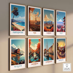 Fuerteventura Poster and travel prints from around the world displayed on a wall, showcasing famous cities.