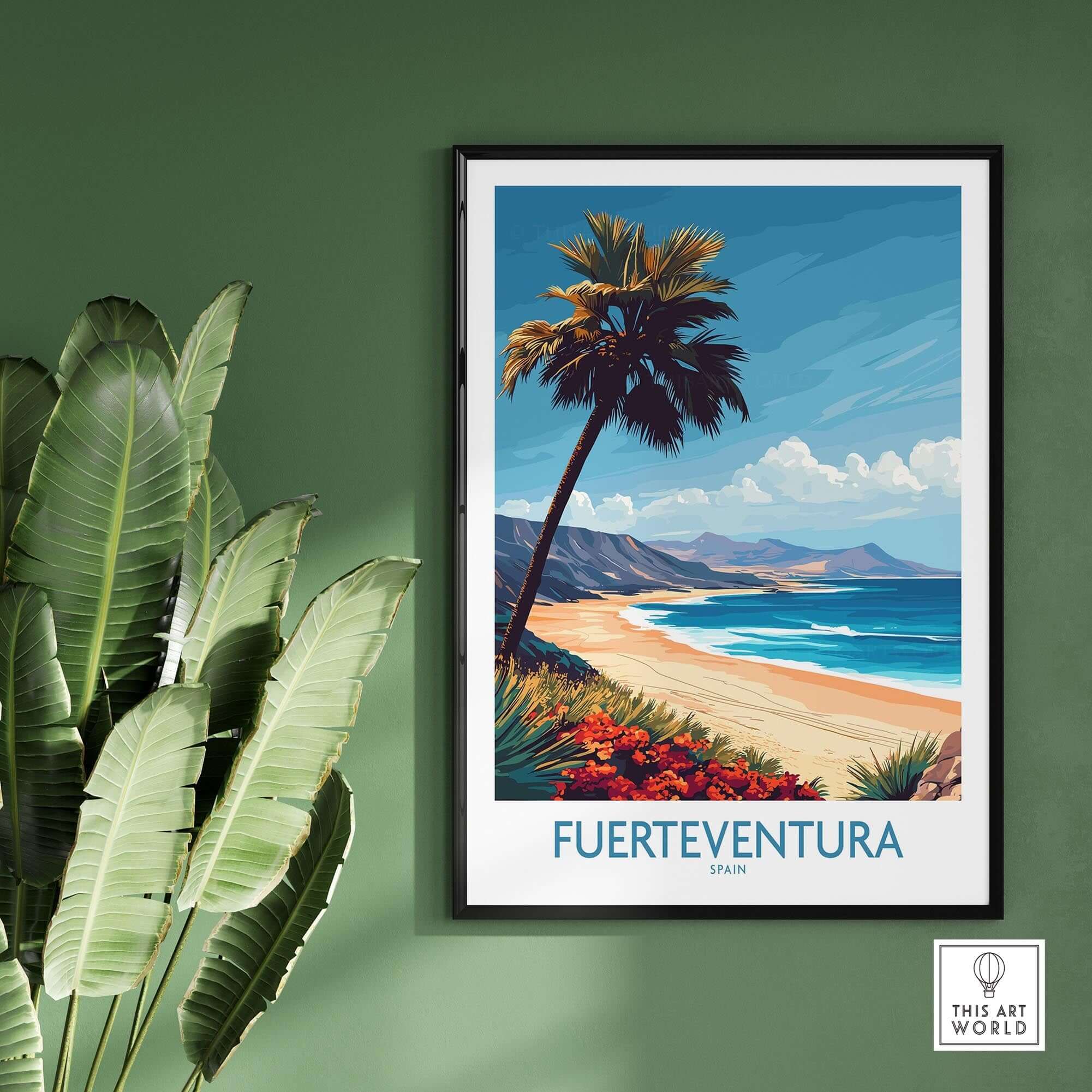 Fuerteventura Poster featuring a tropical beach and palm trees in a framed print for a serene decor.