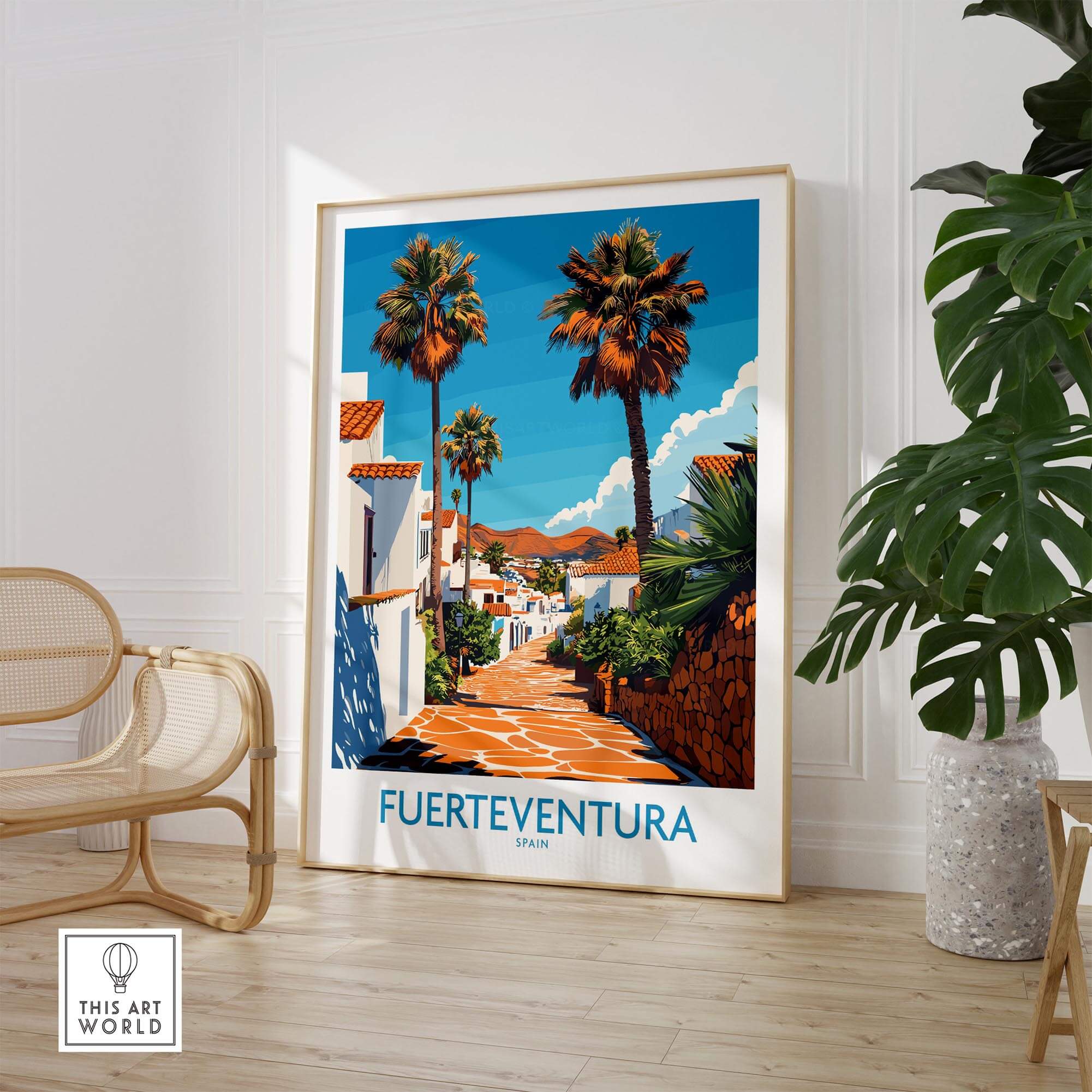 Fuerteventura Poster Canary Islands Spain featuring a vibrant design of a charming street in Fuerteventura, Spain.