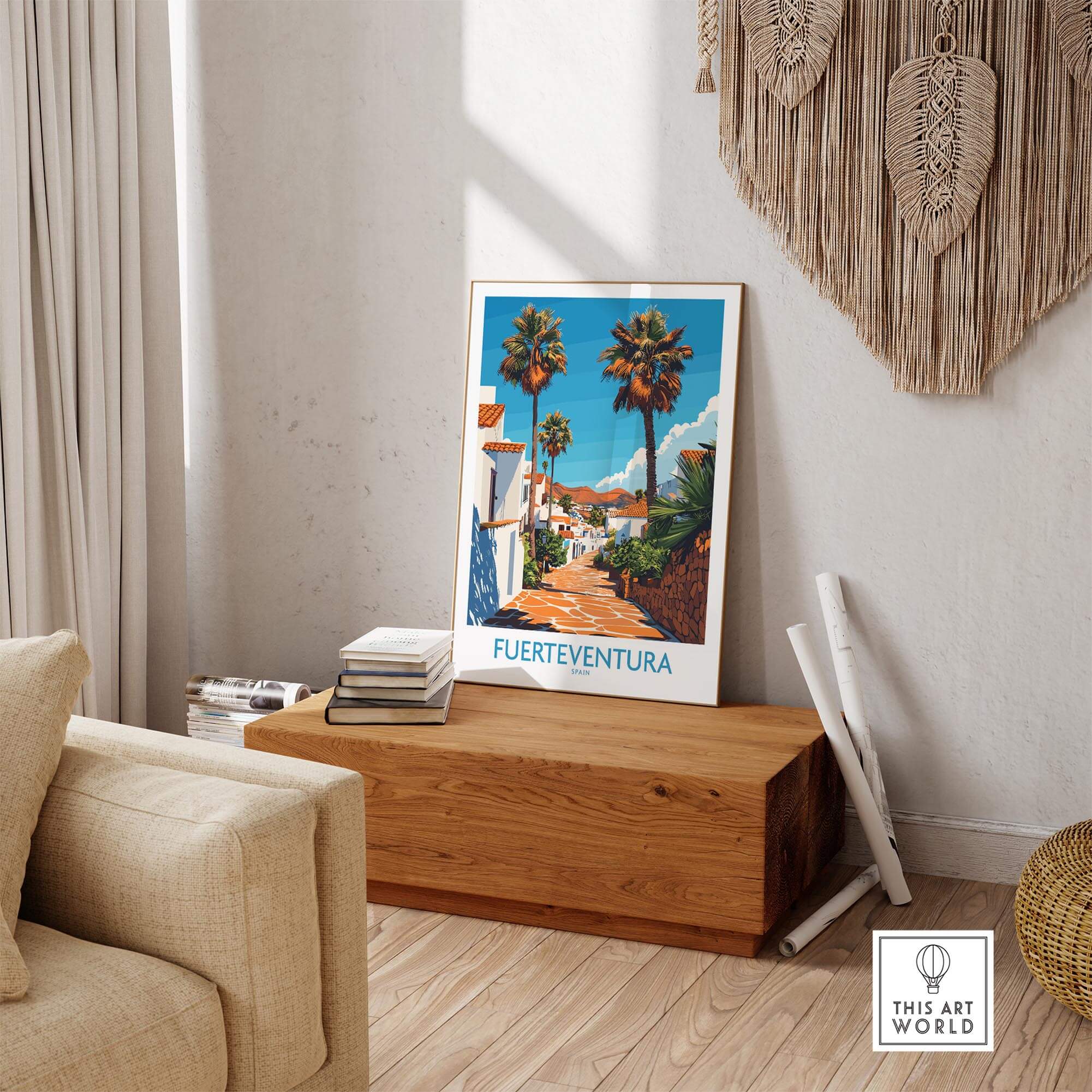 Fuerteventura Poster Canary Islands Spain featuring a vibrant scene with palm trees and charming architecture.