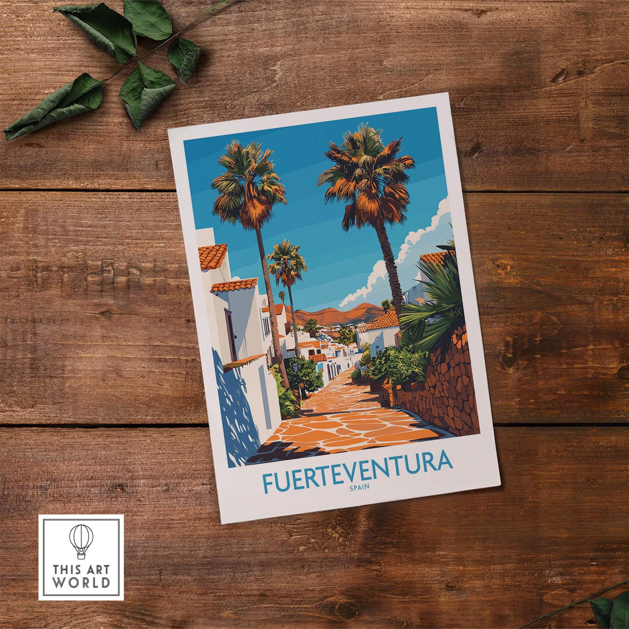 Fuerteventura Poster Canary Islands Spain showcasing vibrant palm trees and charming architecture.