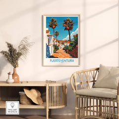 Fuerteventura Poster Canary Islands Spain displayed in a cozy interior, capturing the beauty of Fuerteventura's landscape.