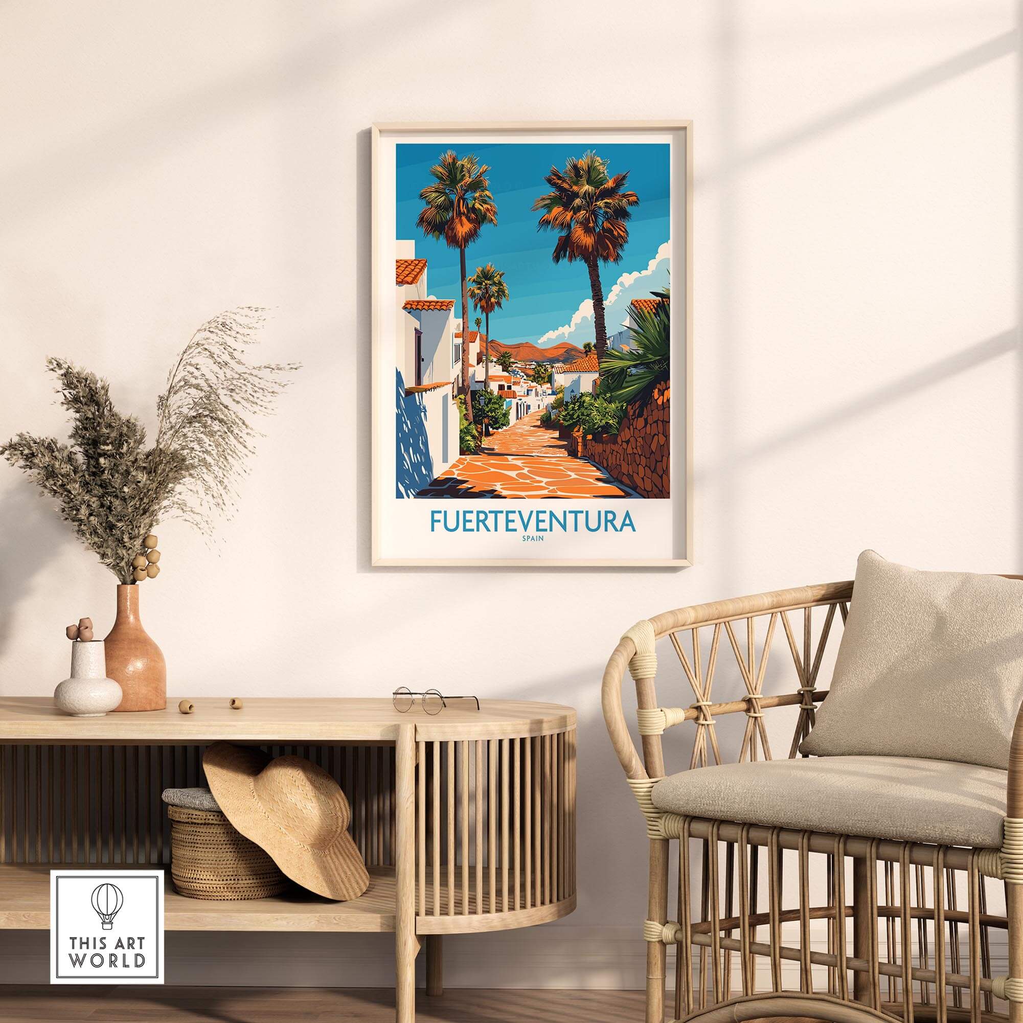 Fuerteventura Poster Canary Islands Spain displayed in a cozy interior, capturing the beauty of Fuerteventura's landscape.