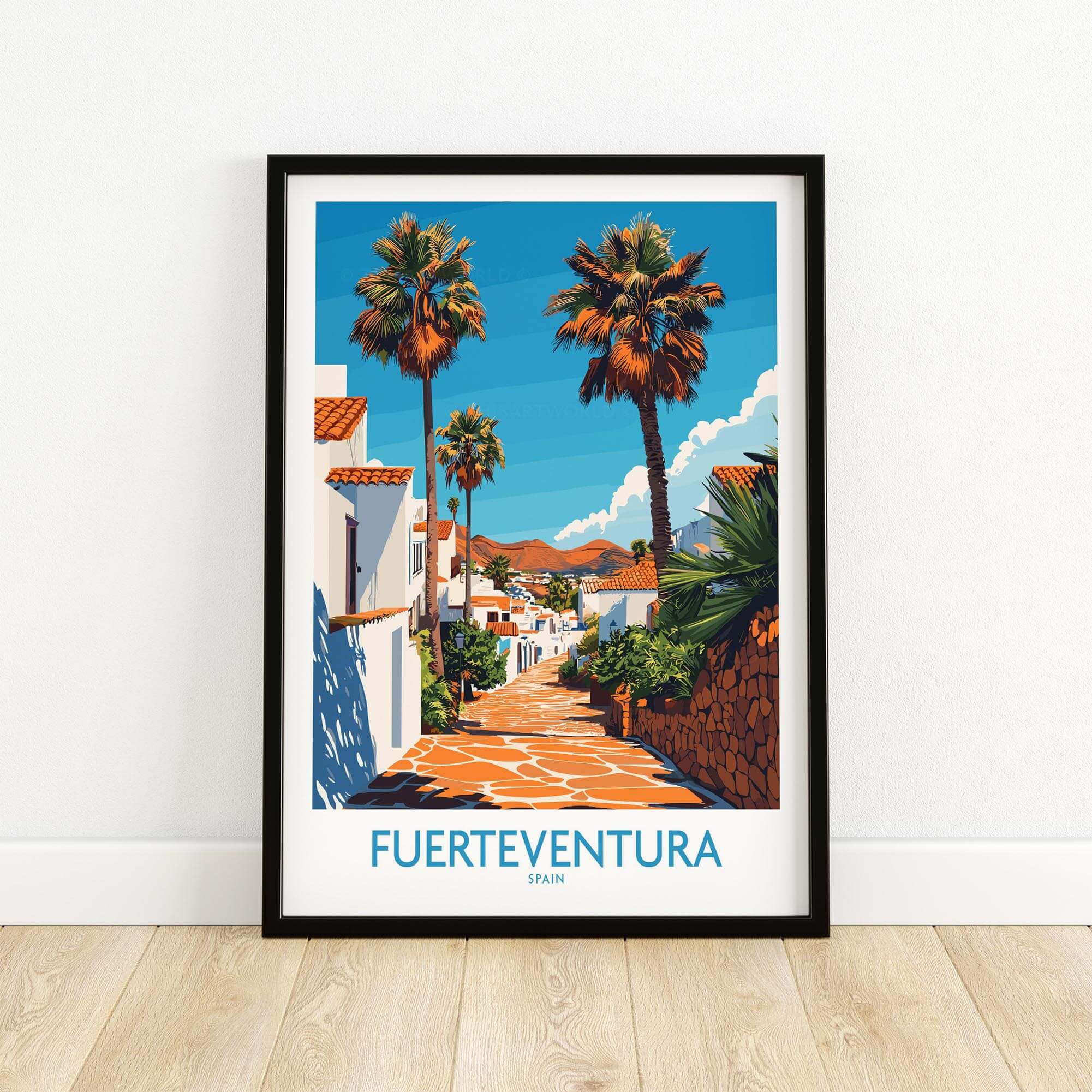 Fuerteventura Poster Canary Islands Spain showcasing a picturesque street with palm trees and bright blue skies.