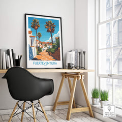 Fuerteventura Poster Canary Islands Spain displayed in a stylish workspace, showcasing vibrant artwork and travel inspiration.