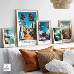 Fuerteventura Poster Canary Islands Spain displayed among other travel posters in a stylish home setting.