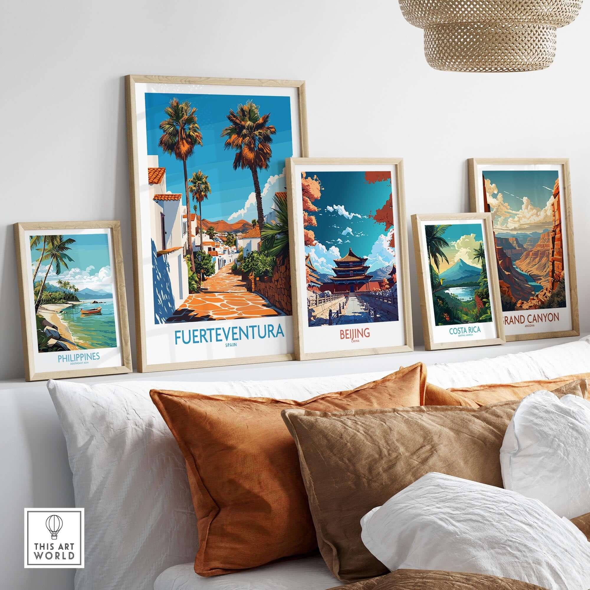 Fuerteventura Poster Canary Islands Spain displayed among other travel posters in a stylish home setting.