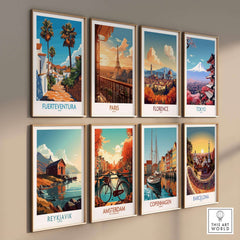 Collection of travel posters including Fuerteventura Poster Canary Islands Spain on a gallery wall.