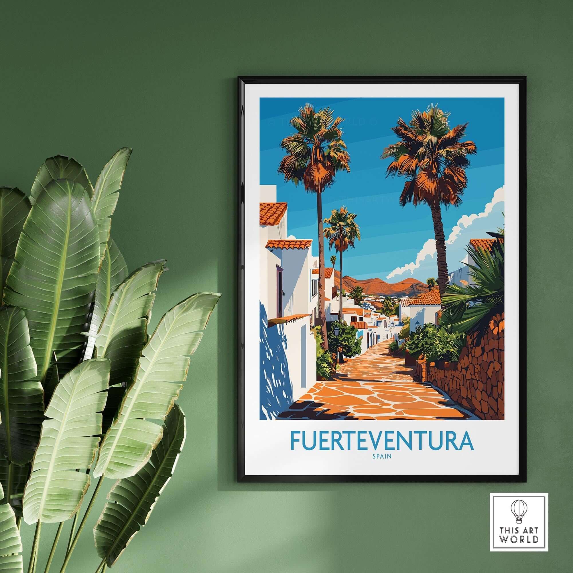 Fuerteventura Poster Canary Islands Spain showcasing a scenic pathway adorned with palm trees and Spanish architecture.