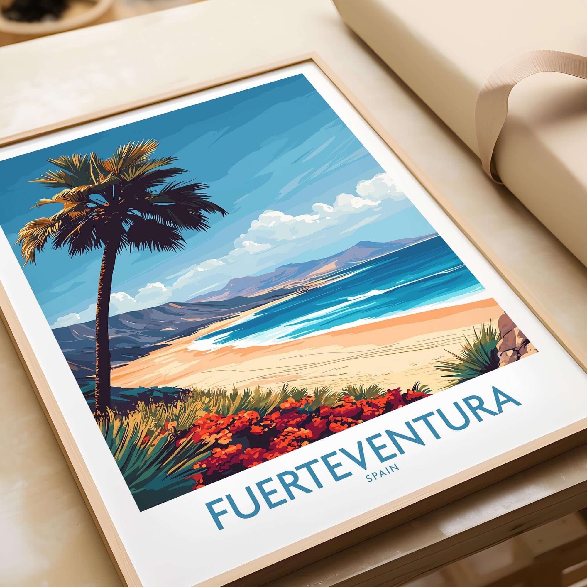 Fuerteventura Poster showcasing stunning beaches and palm trees in Spain's tropical paradise.