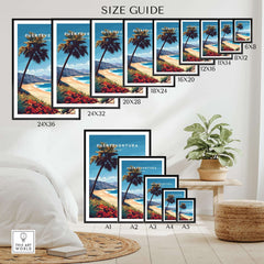 Fuerteventura Print size guide with various frame sizes displayed in a stylish room setting, showcasing beachy vibes.