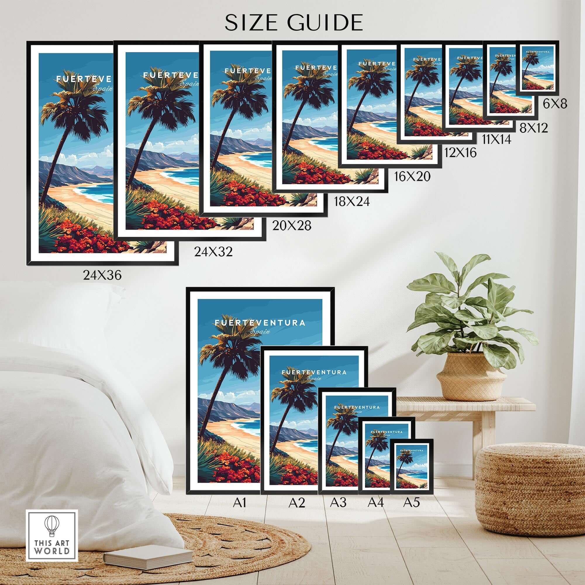 Fuerteventura Print size guide with various frame sizes displayed in a stylish room setting, showcasing beachy vibes.