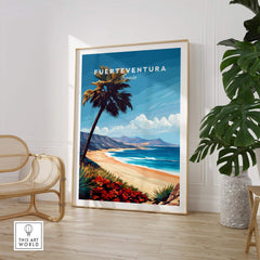 Fuerteventura Print featuring a palm tree and beach scene, ideal for adding sunny vibes to home decor.