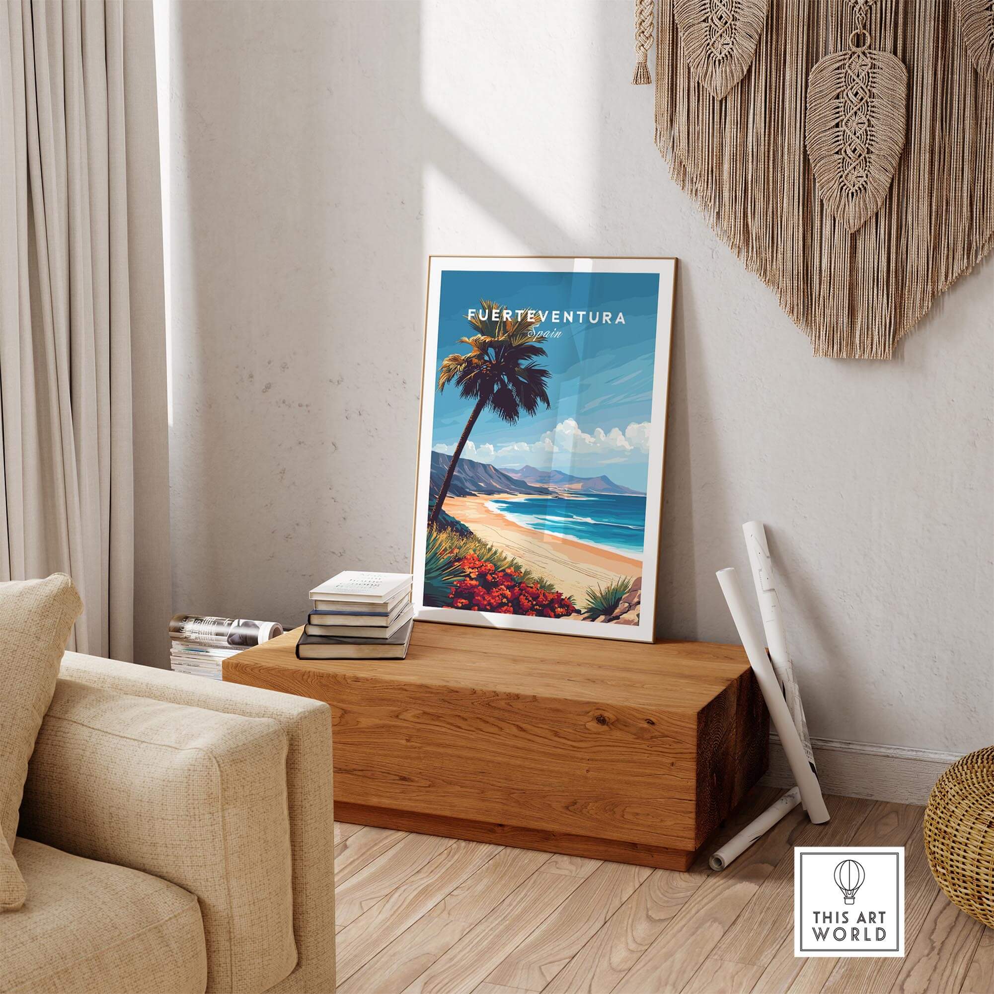 Fuerteventura Print displayed in a chic living room, showcasing vibrant beach scenery and a tropical vibe.