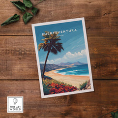 Fuerteventura Print featuring a vibrant beach scene in Spain with palm trees and clear waters.