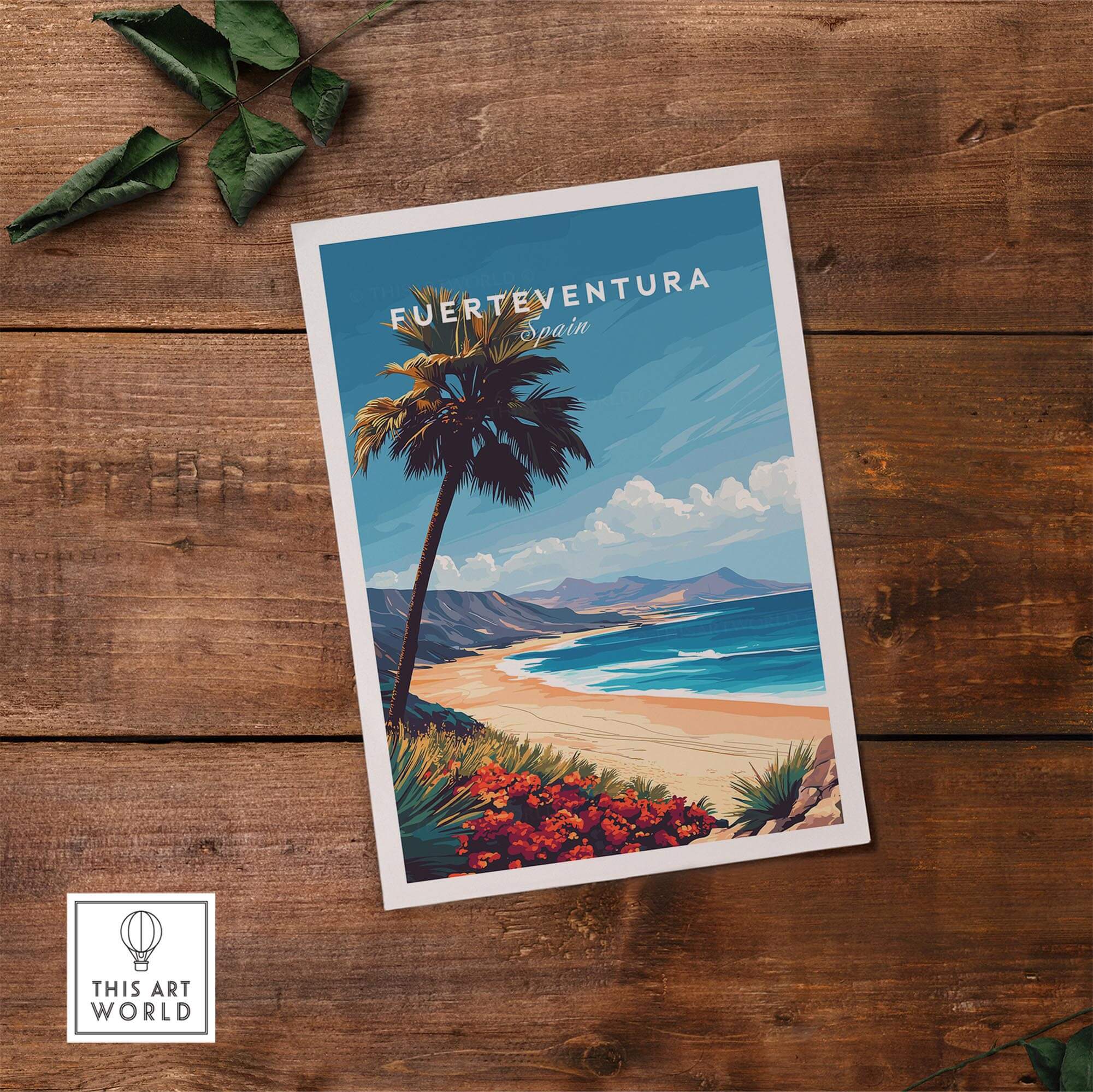 Fuerteventura Print featuring a vibrant beach scene in Spain with palm trees and clear waters.