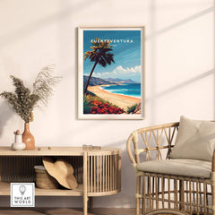 Fuerteventura Print showcasing vibrant beach scene and palm trees in a stylish interior setting.