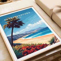 Fuerteventura Print showcasing a sunny beach scene in Spain with palm trees and vibrant colors.