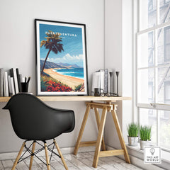Fuerteventura Print showcasing a beach scene in a modern office setting with a stylish desk and chair.