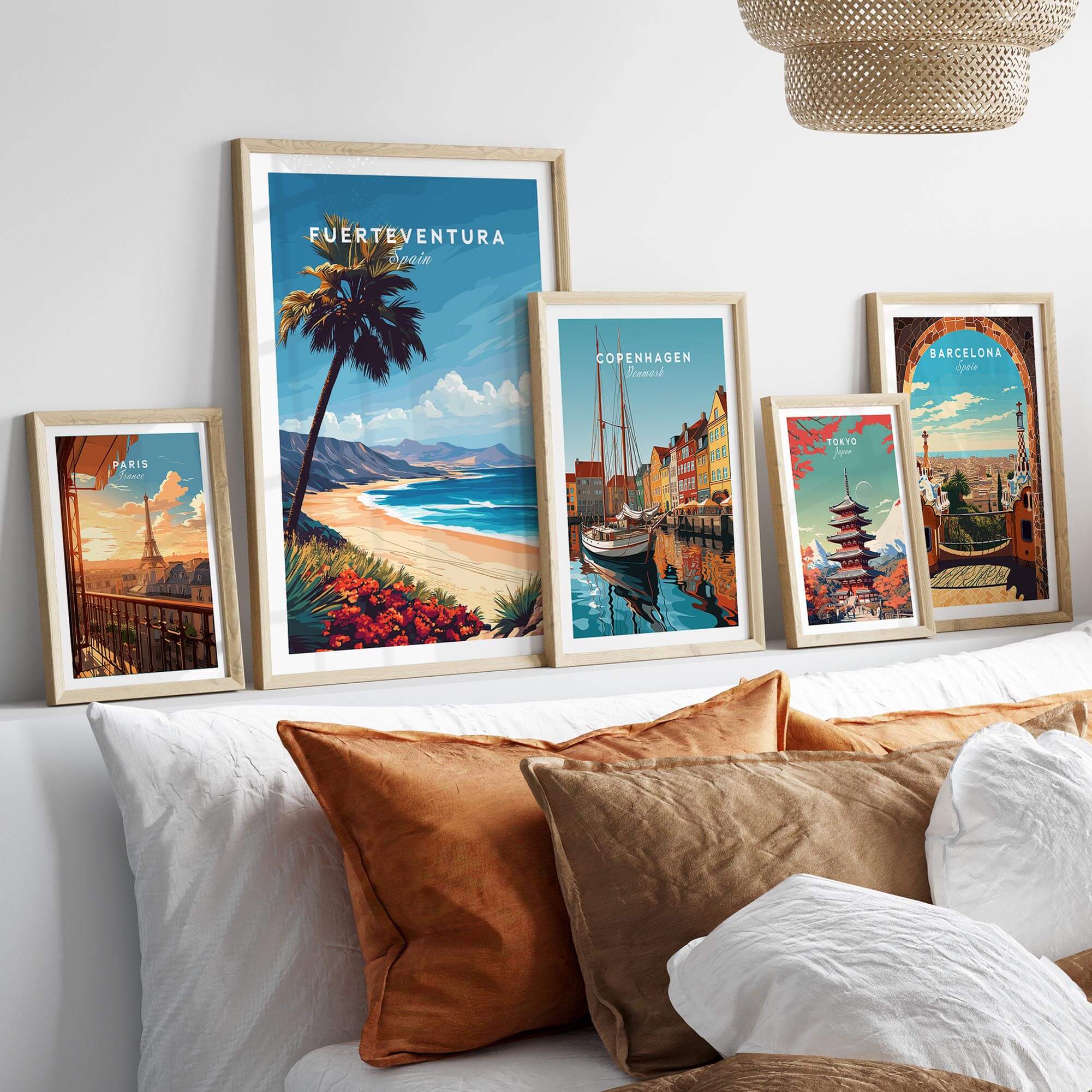 Fuerteventura Print wall art showcasing vibrant landscapes and beaches of the Canary Islands in stylish frames.