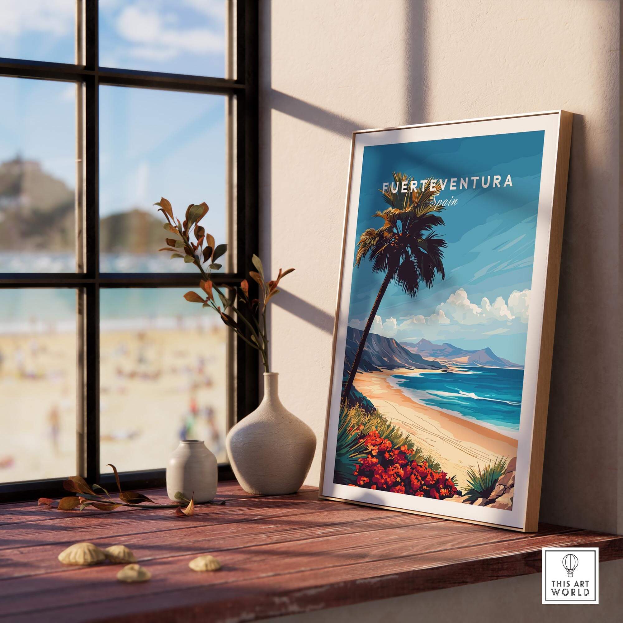 Fuerteventura Print featuring a beach scene with palm trees and vibrant colors, perfect for adding beachy vibes to any room.