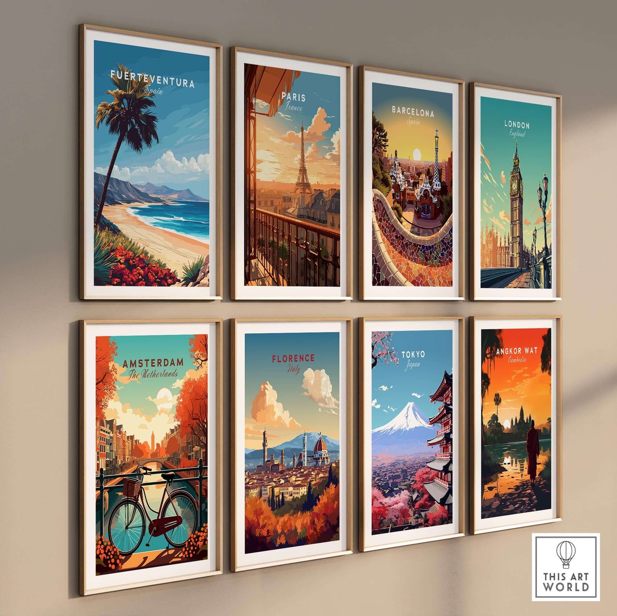 Fuerteventura Print and various city wall art prints arranged in a gallery style on a neutral wall.