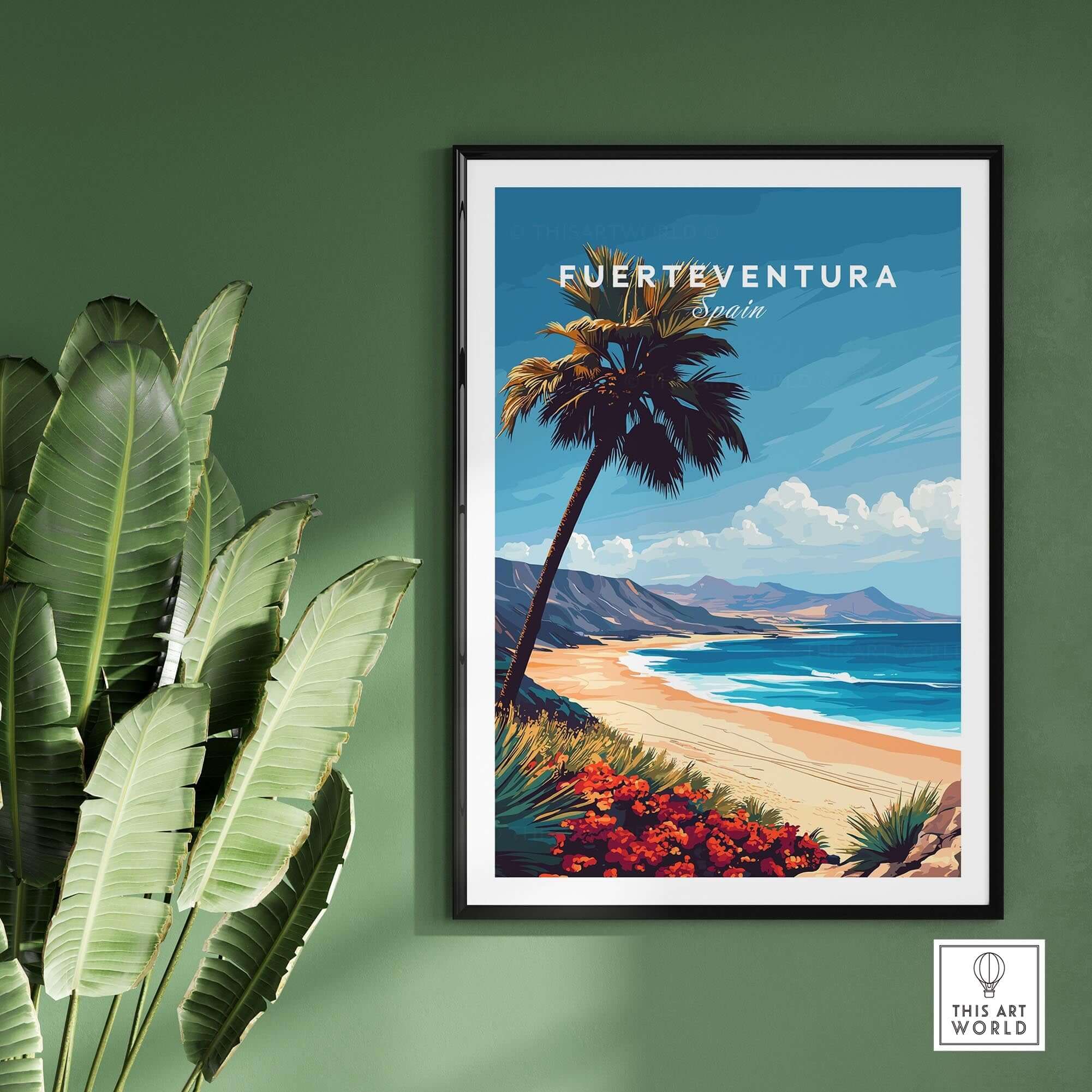 Fuerteventura Print showcasing vibrant beach scene and palm trees, perfect for adding beachy vibes to living spaces.