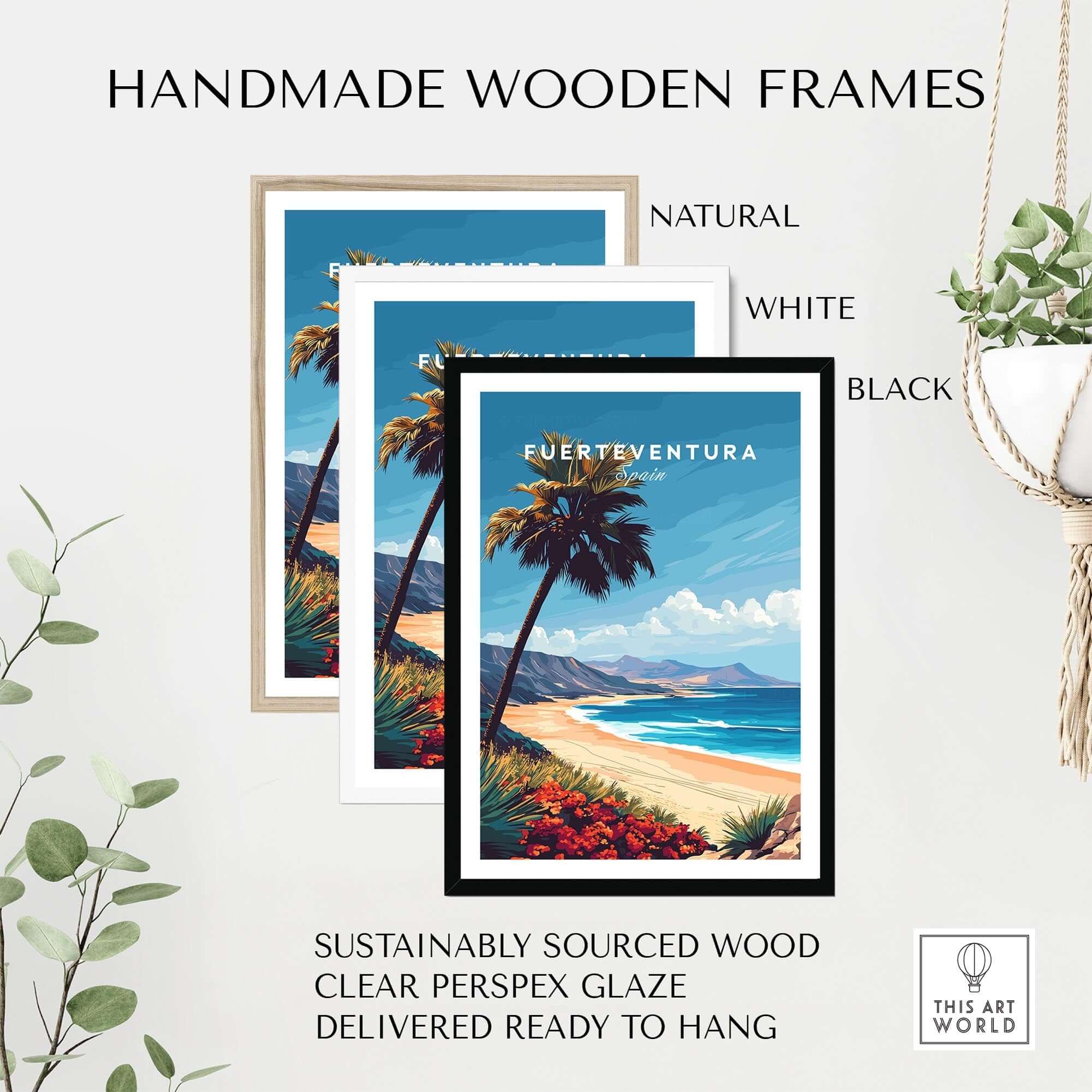 Fuerteventura Print in handmade wooden frames showcasing natural, white, and black options for beach-themed wall art.