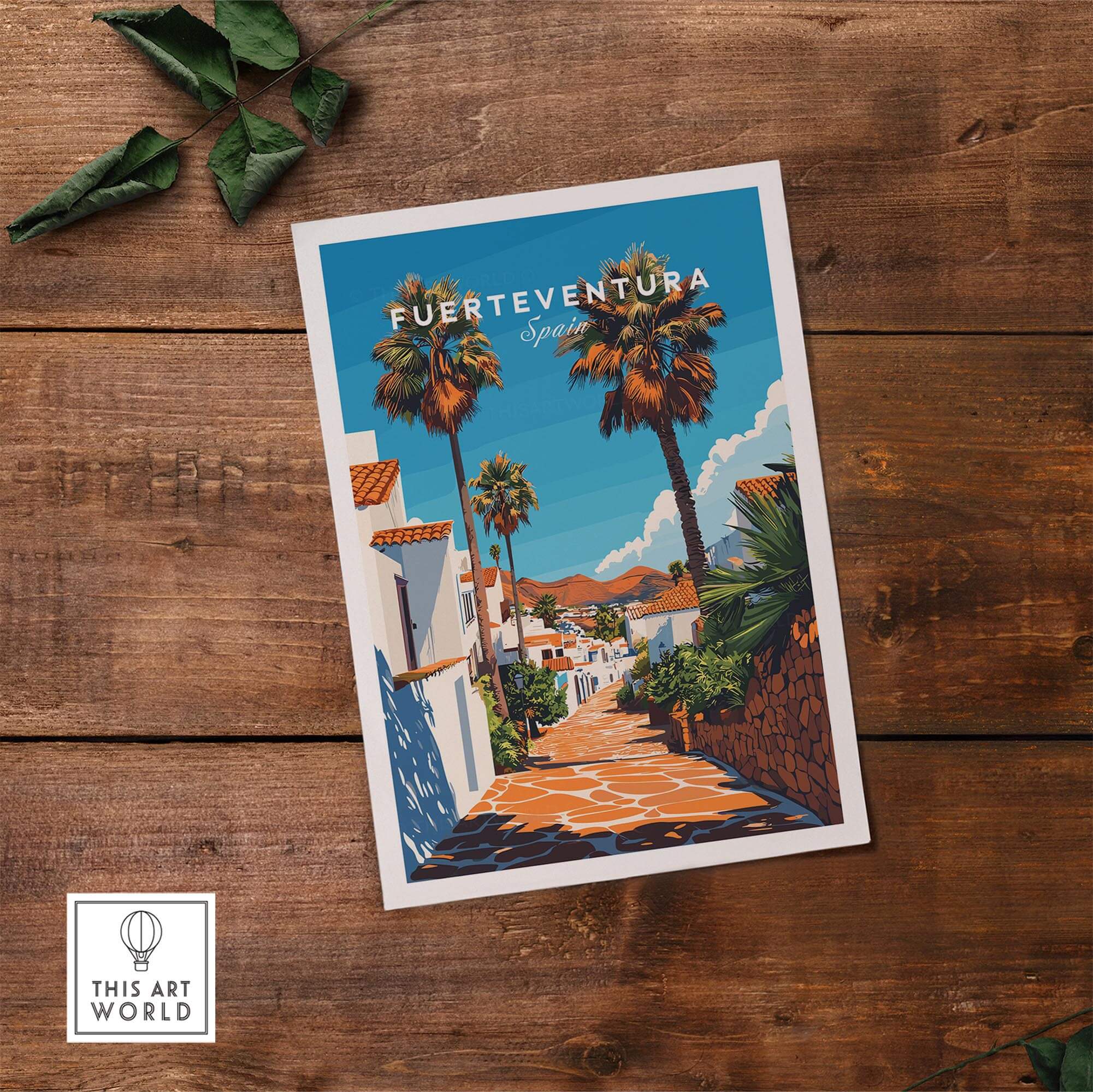Fuerteventura Print Canary Islands Spain showcasing vibrant streets and palm trees on a sunny day.