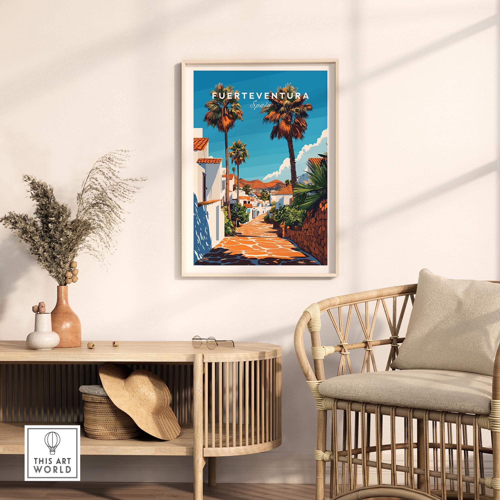 Fuerteventura Print Canary Islands Spain framed art print featuring vibrant street and palm trees.