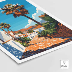 Fuerteventura Print Canary Islands Spain featuring a vibrant street with palm trees and traditional architecture.