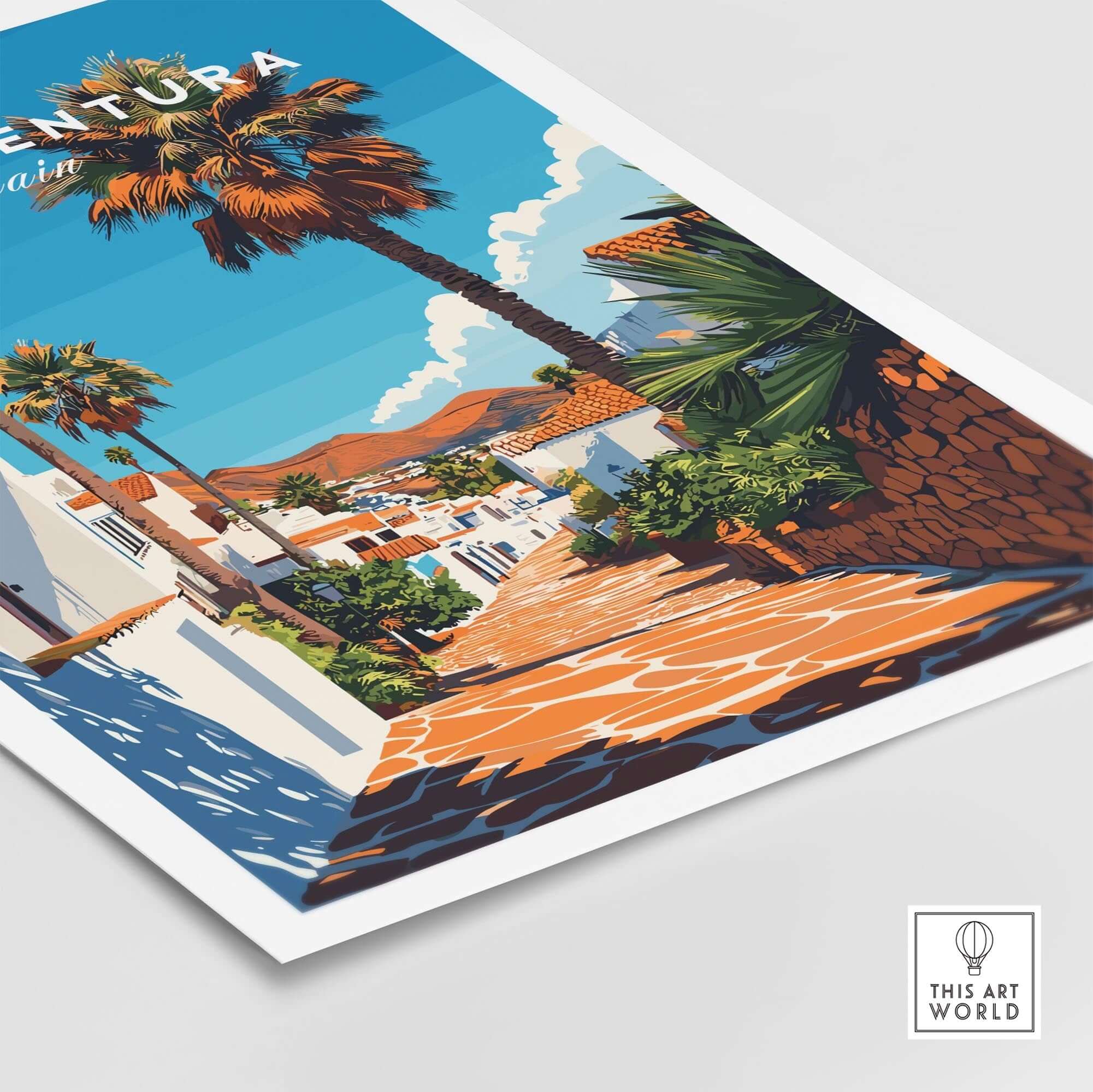 Fuerteventura Print Canary Islands Spain featuring a vibrant street with palm trees and traditional architecture.