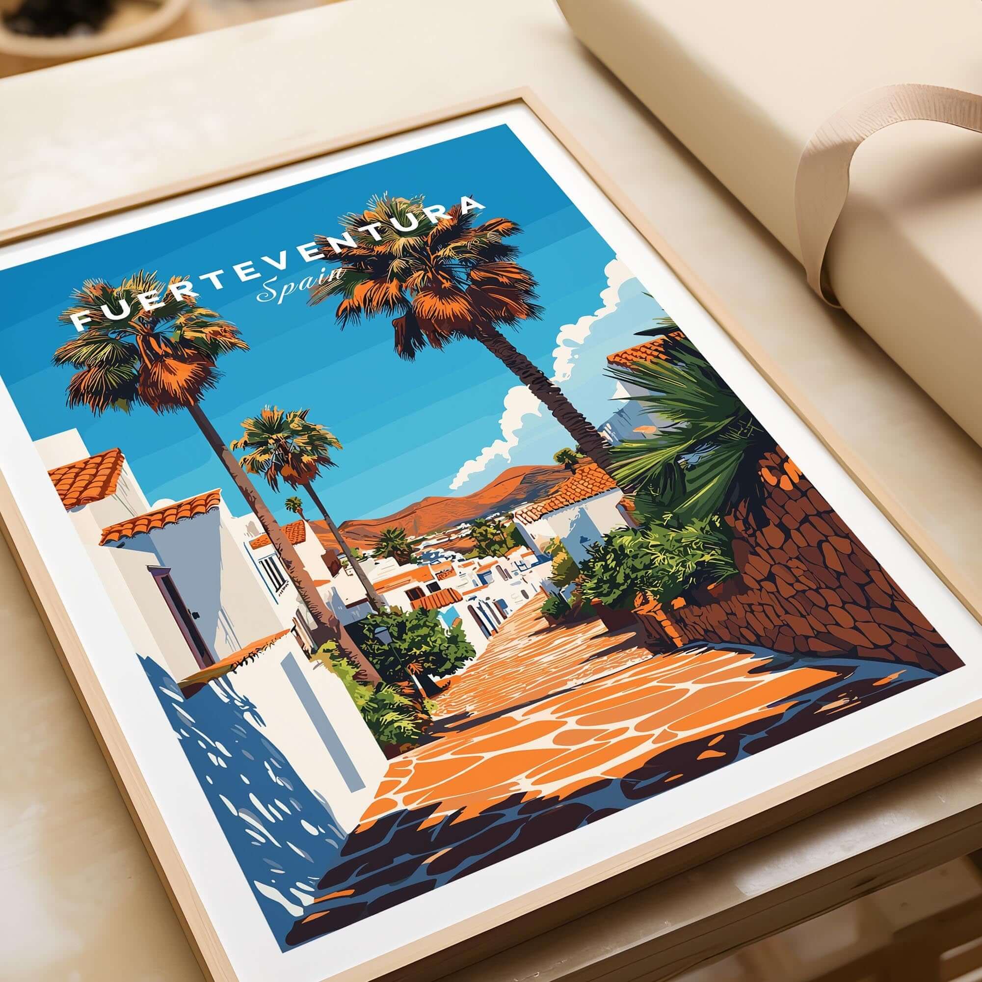 Fuerteventura Print Canary Islands Spain showcasing palm trees and picturesque streets in vibrant colors.