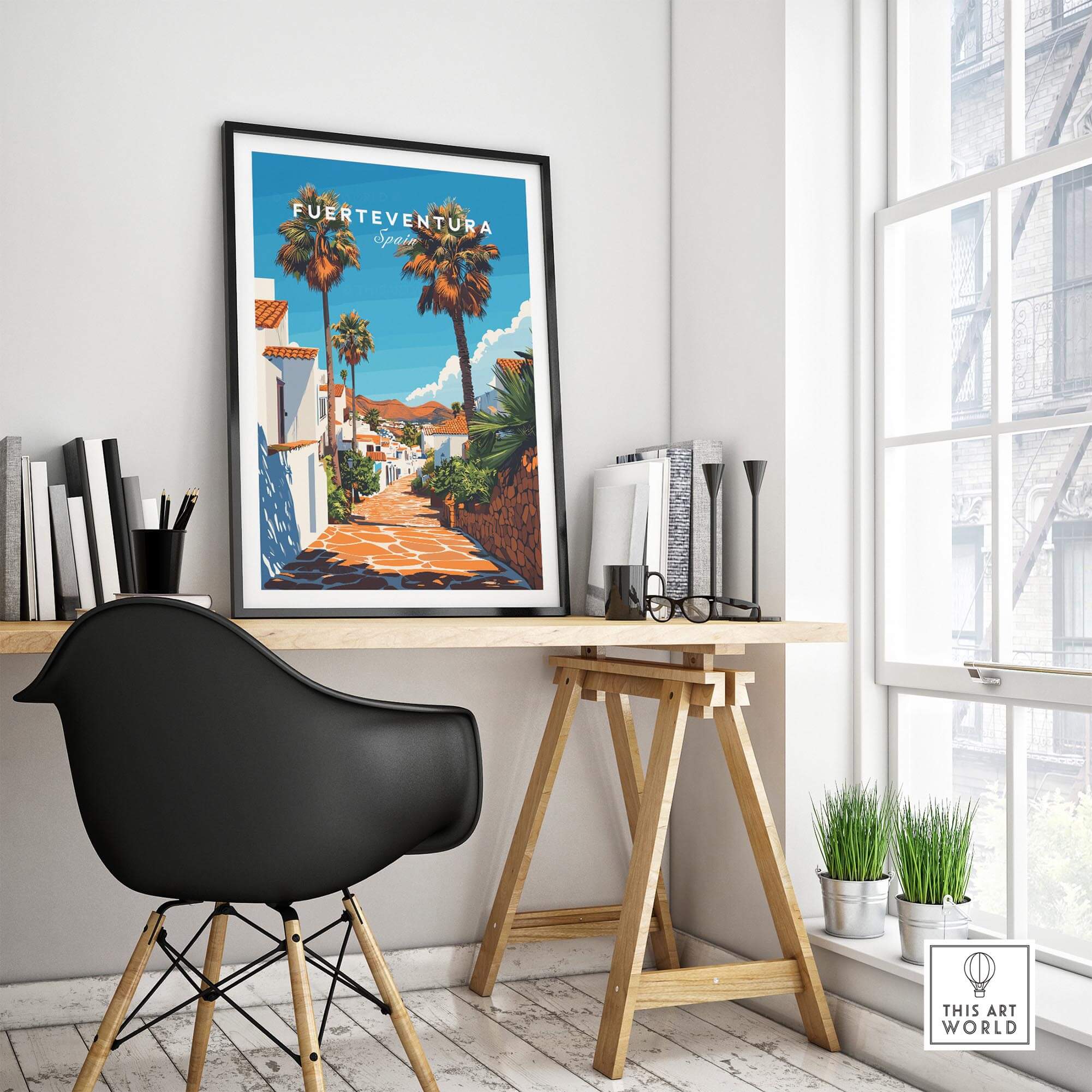 Fuerteventura Print Canary Islands Spain displayed in a stylish home office setting with contemporary decor.