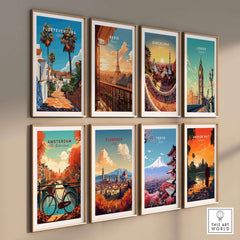 Fuerteventura Print Canary Islands Spain art prints on a wall featuring various famous cities and landscapes.