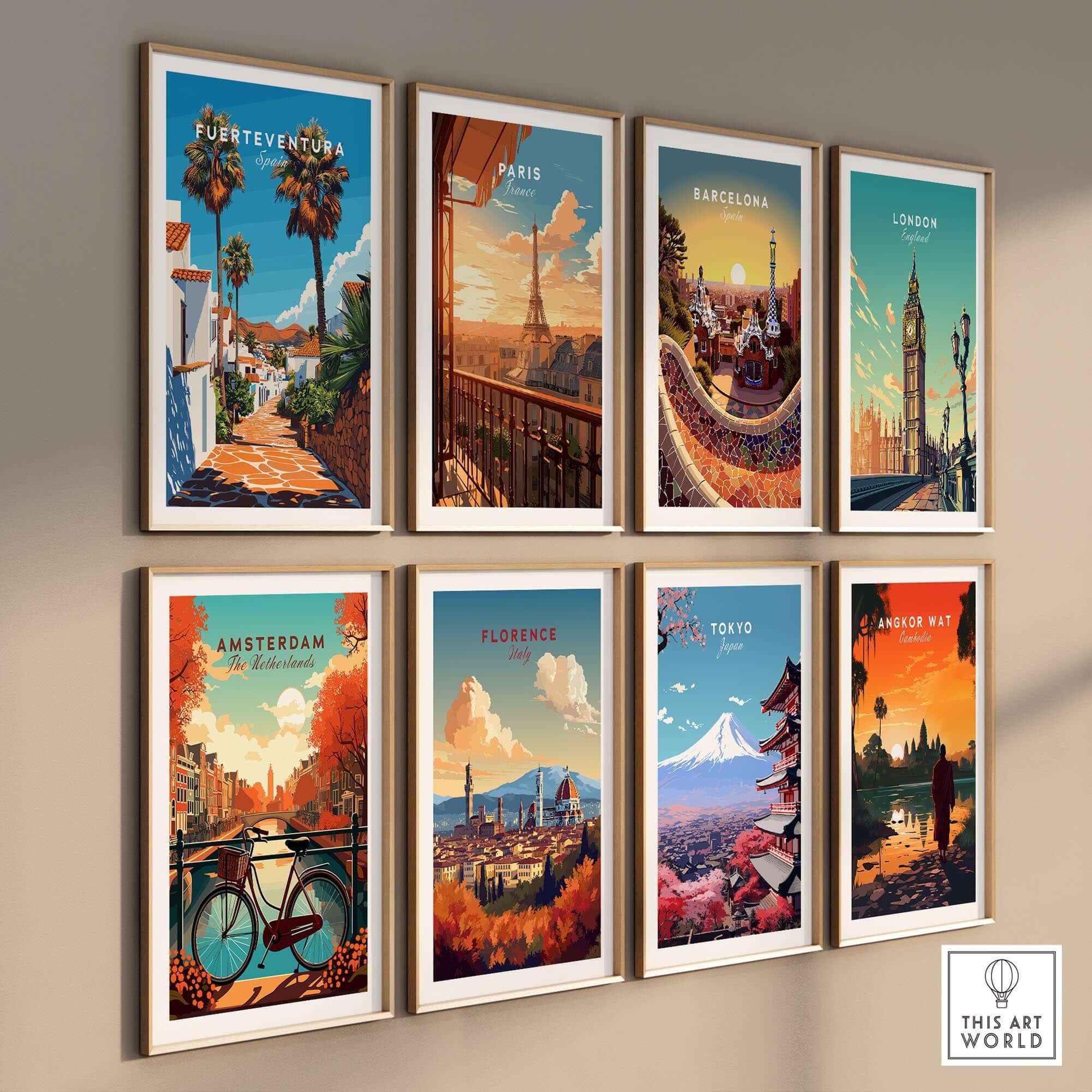 Fuerteventura Print Canary Islands Spain art prints on a wall featuring various famous cities and landscapes.